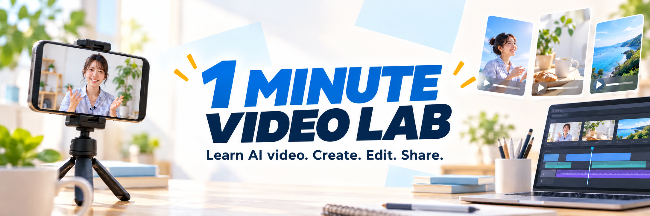 Header mit Aufnahme-Smartphone, Schnitt-PC und dem Logo von 1 Minute Video Lab in einem hellen weißen und hellblauen Produktionsraum